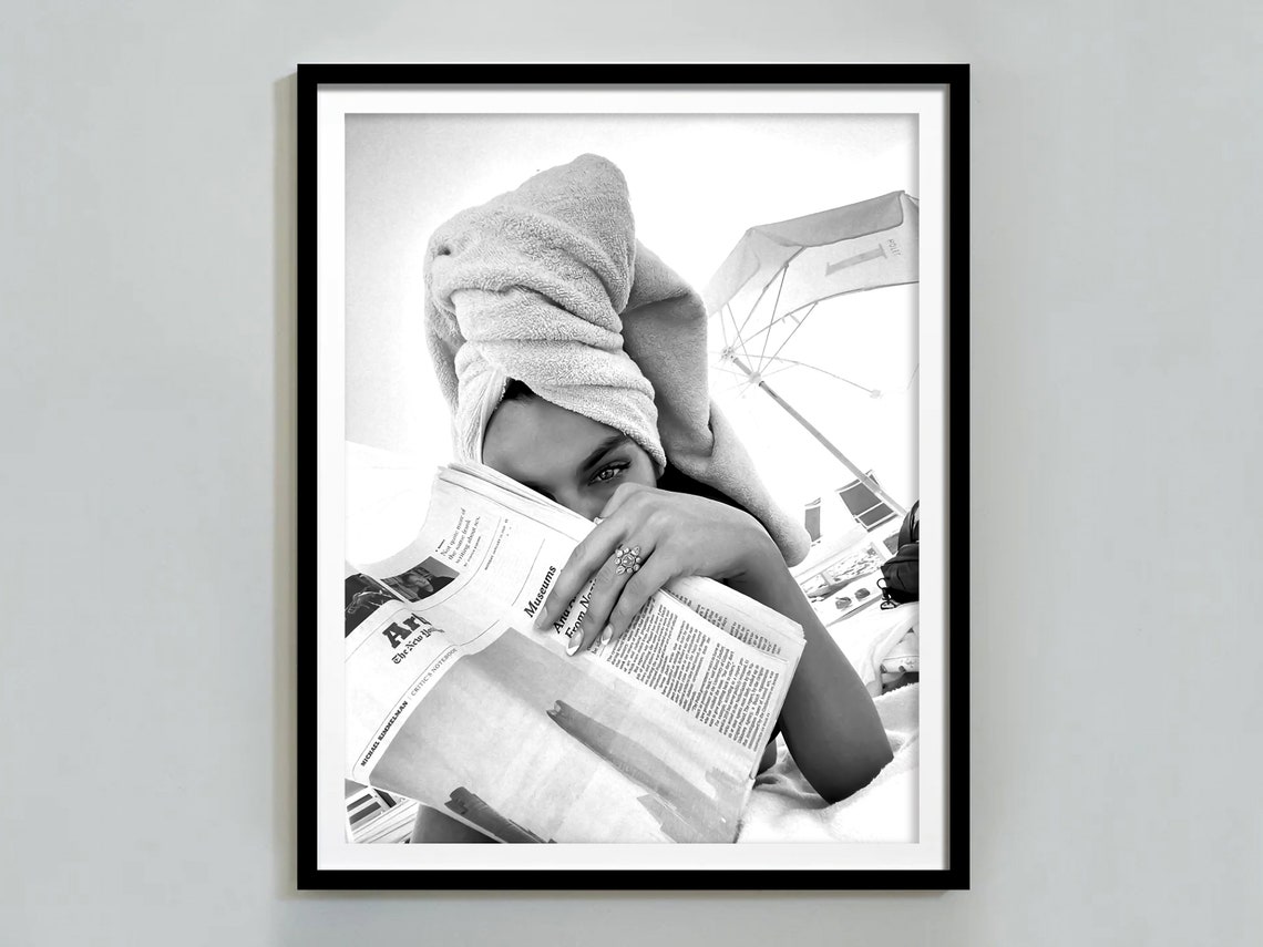 Woman Reading Newspaper Print Black And White Vintage Photo Summer Poster Fashion Wall Art Teen Girls Bathroom Decor Beach Photography