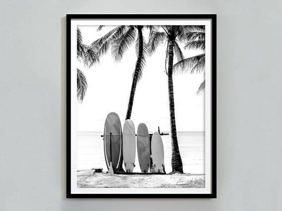 Surfboards Under Palm Trees Beach Black and White Surf Photo Poster