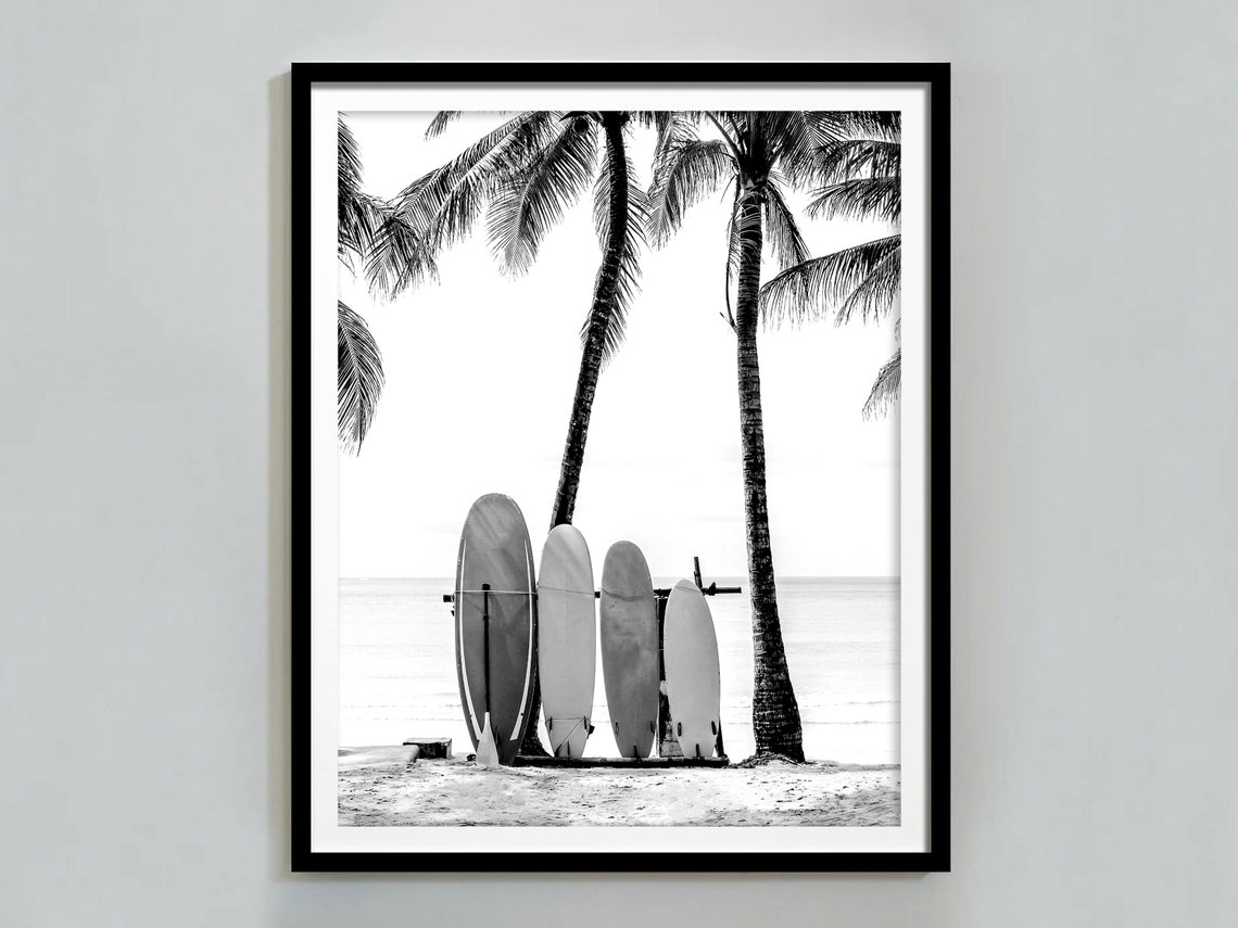 Surfboards Under Palm Trees Beach Black and White Surf Photo Poster