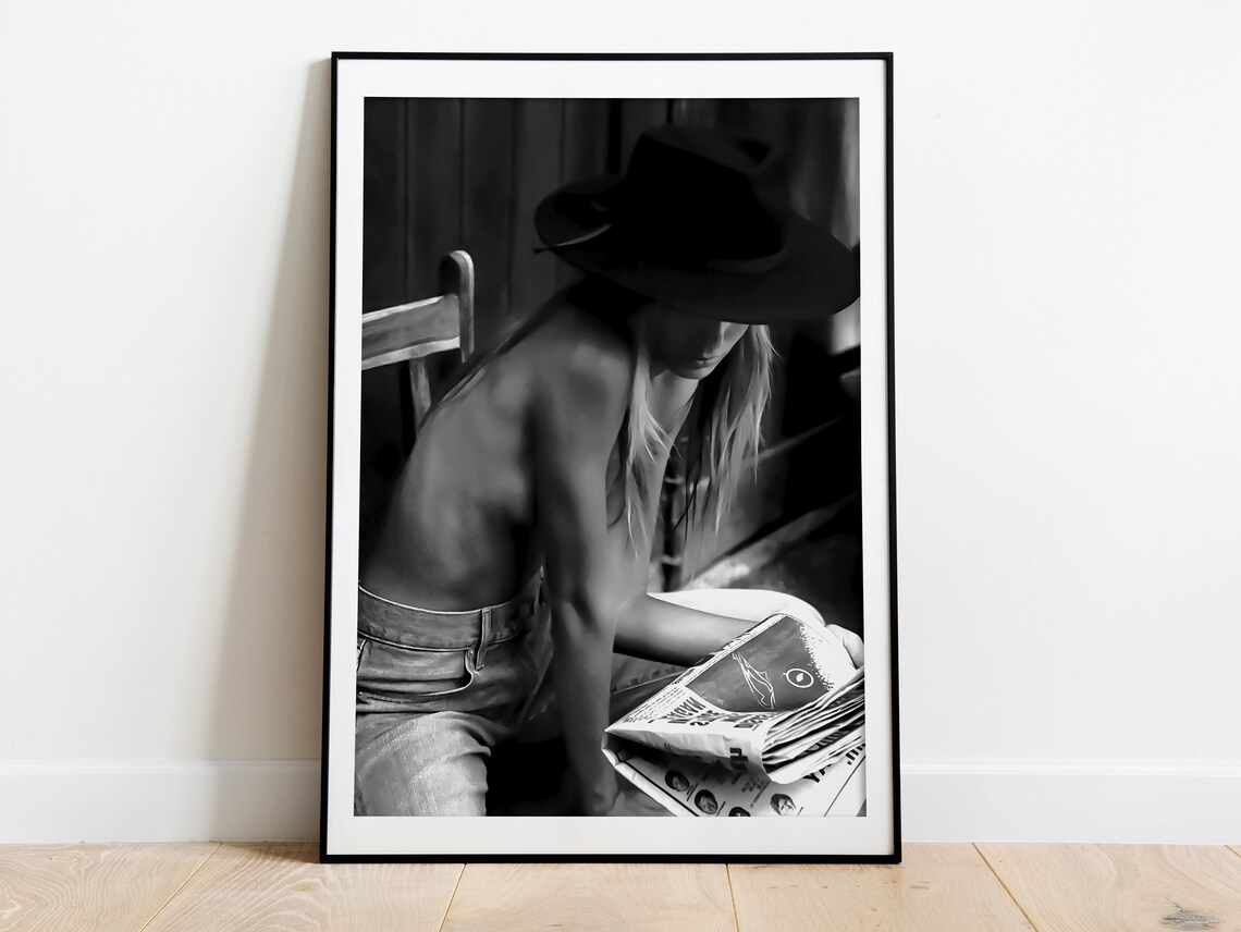 Cowgirl in Hat Reading Newspaper Black and White Western Photo Poster - Image 3