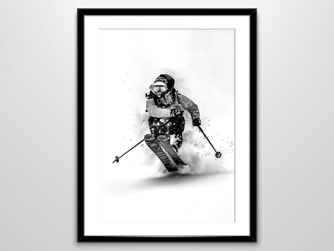 Skier Carving Through Powder Snow Dynamic Black And White Action Poster - Image 3