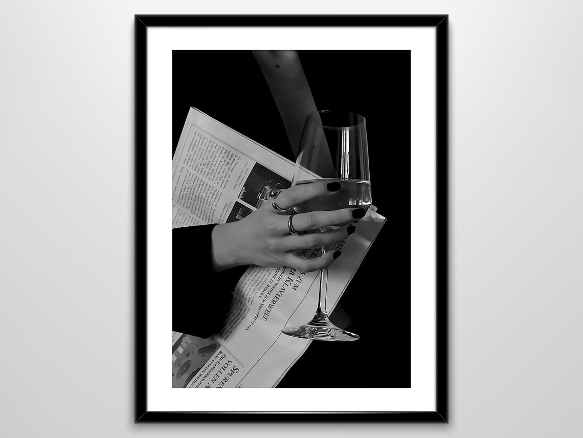 Wine Glass Newspaper Black White Luxury Evening Photo Poster - Image 2