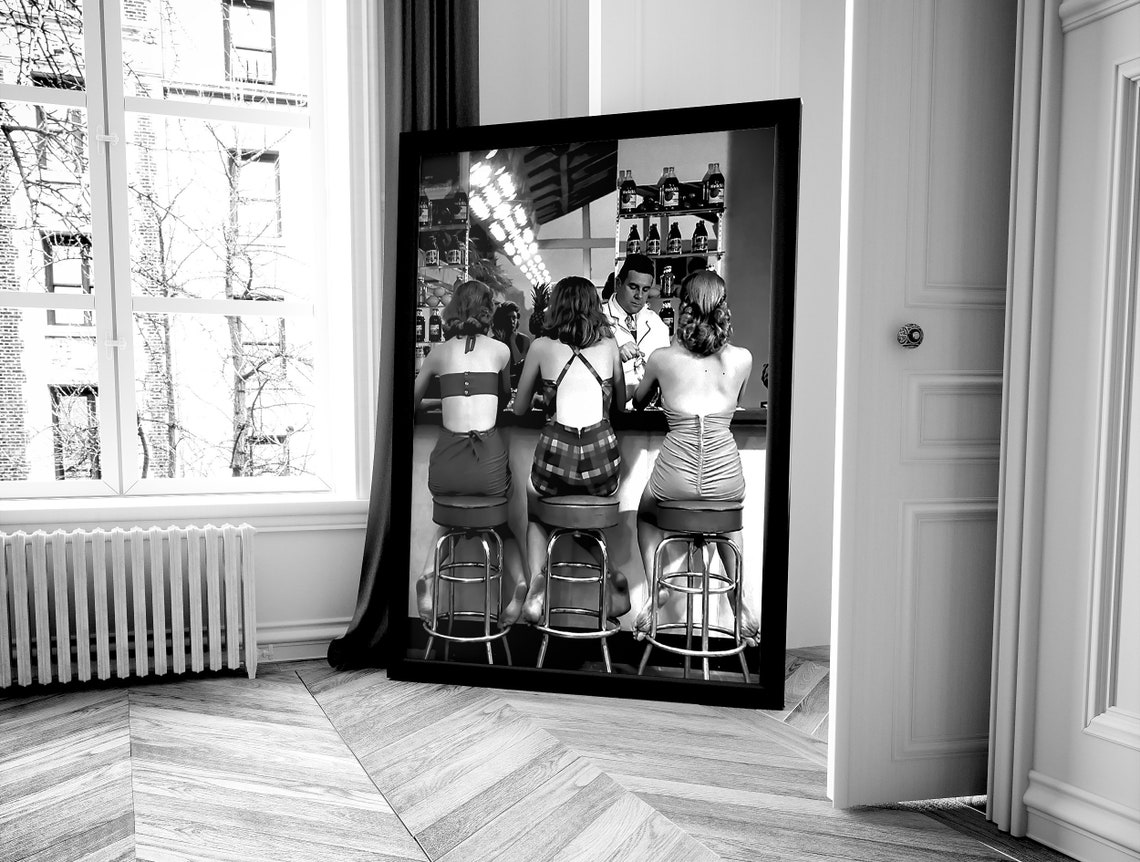 Three Women Sitting at Bar With Bartender Black and White Retro Poster - Image 4
