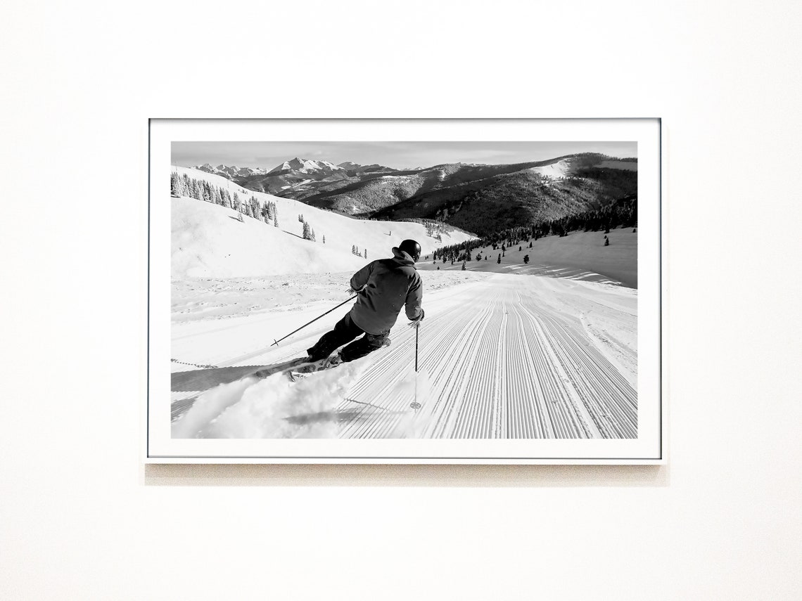Skier Carving Groomed Slope Black White Mountain Winter Poster - Image 2