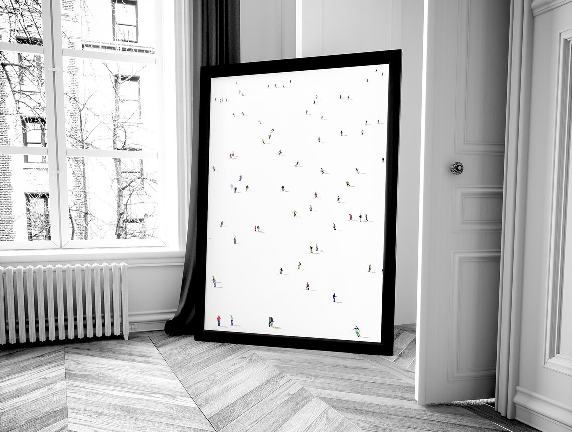 Tiny Colorful Skiers Aerial View Vast White Slope Minimalist Art Poster - Image 4
