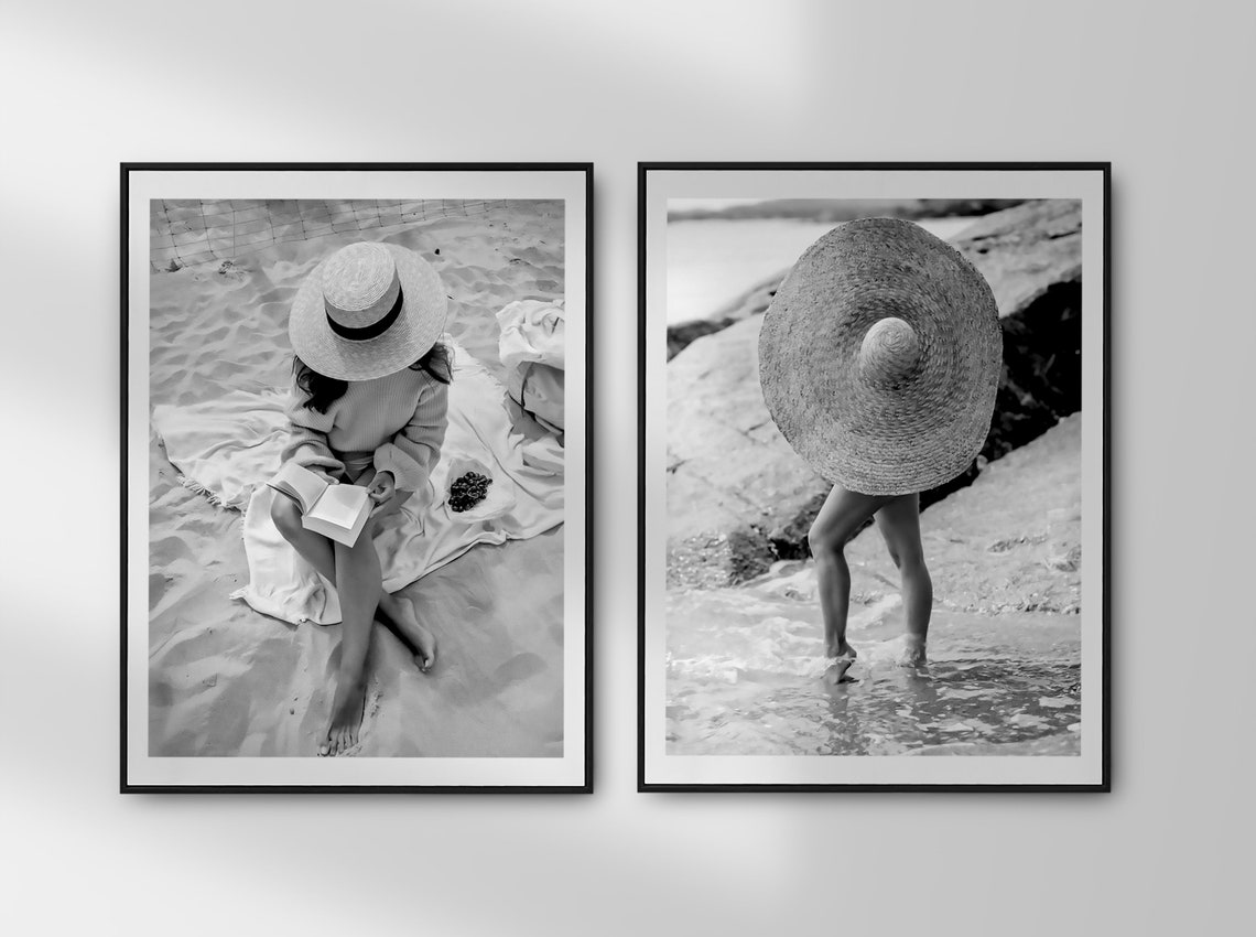 Beach Reading Straw Hat Black White Summer Book Lover Poster - Image 2