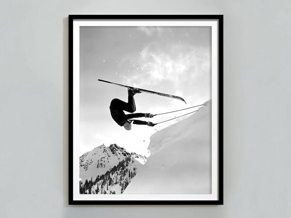 Skier Mid Air Backflip Off Snow Cliff Vintage Black White Action Poster