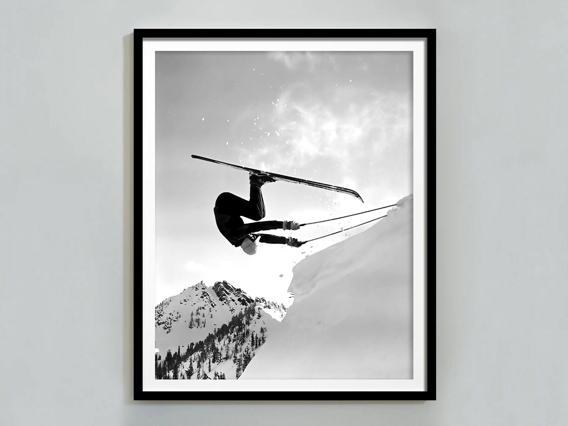 Skier Mid Air Backflip Off Snow Cliff Vintage Black White Action Poster