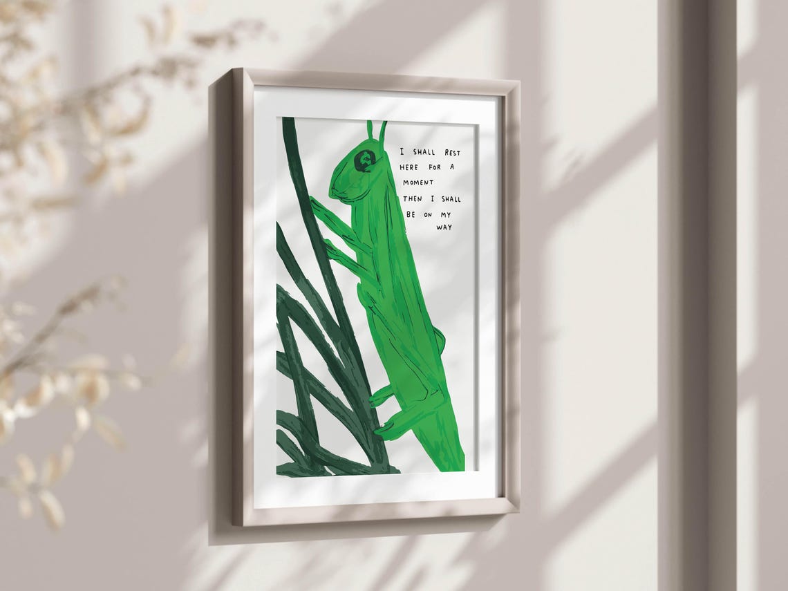 Green Grasshopper Resting On Reed With Peaceful Quote Poster - Image 2