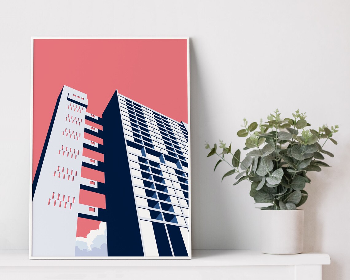 Trellick Tower London Brutalist High Rise Pink Sky Art Poster - Image 2