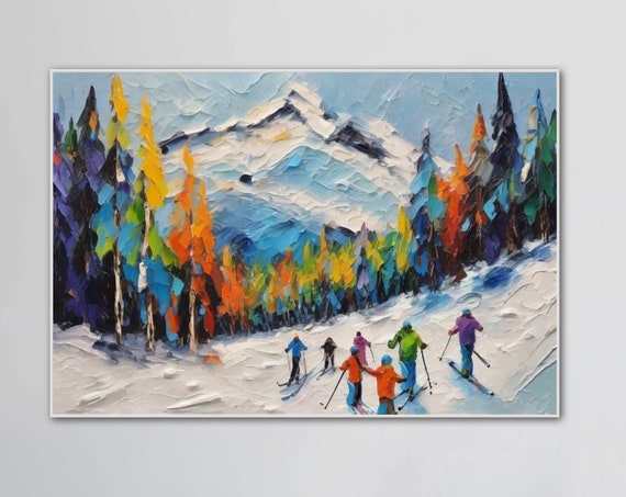 Group Skiing Down A Snowy Mountain Painting Original Winter Skiing Artwork Custom Snowy Painting 3d Thick Textured Personalized Art Gift