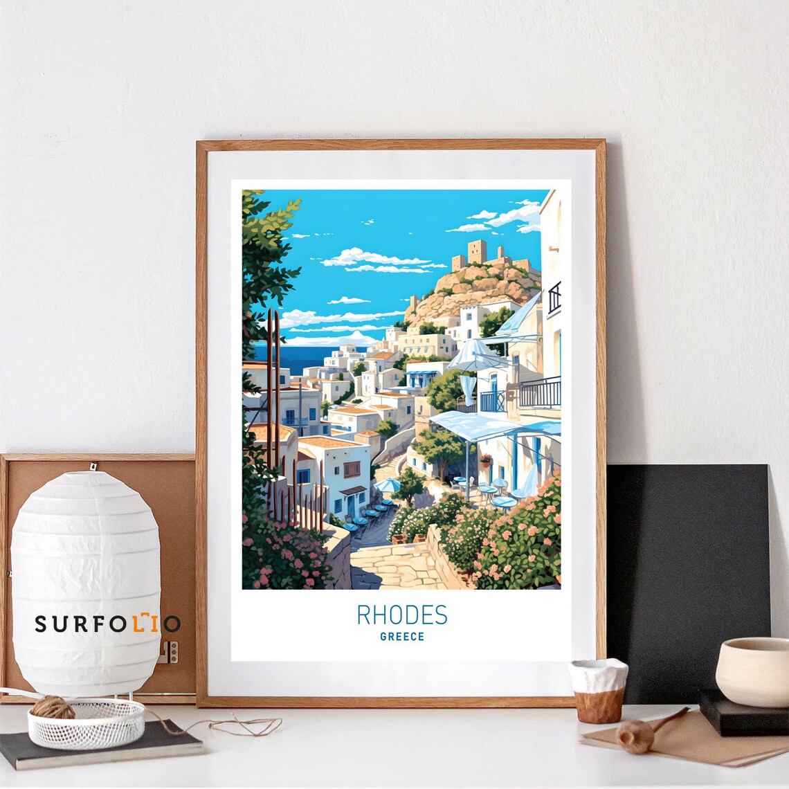 Rhodes Greece Travel Poster, Coastal Landscape