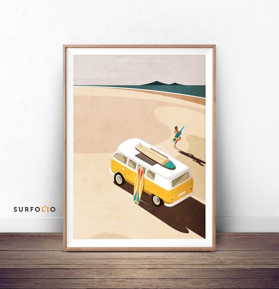 Retro Surf Van Beach Print, Coastal Wall Art