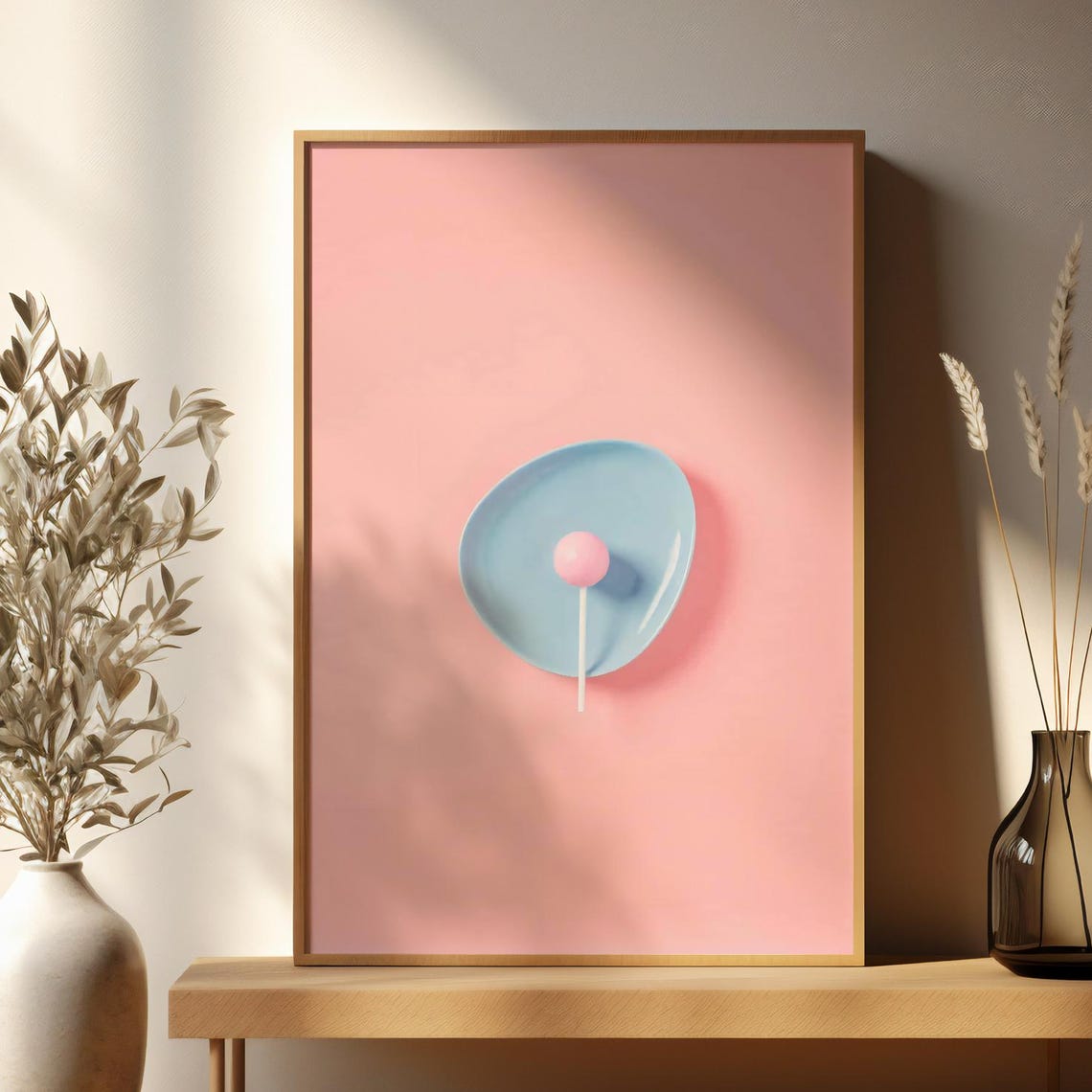 Pink Lollipop on Blue Plate Minimalist Playful Pop Art Wall Poster