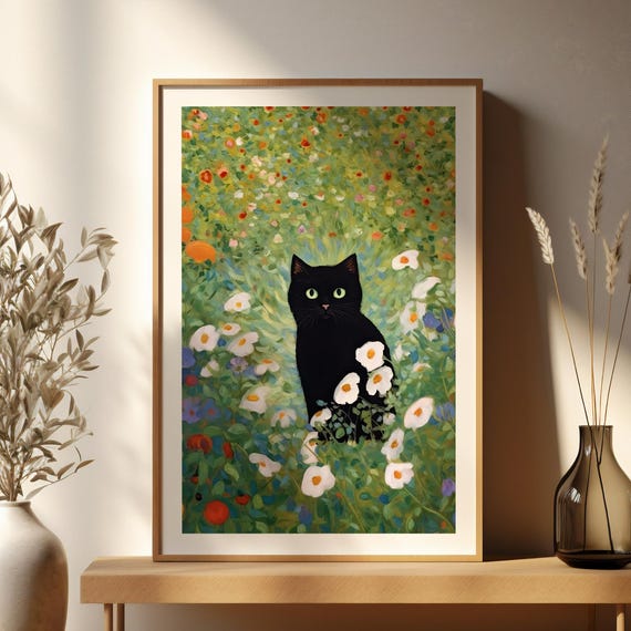 Green Wall Art Black Cat Botanical Poster Landscape Animal For Home Or Office Instant Print