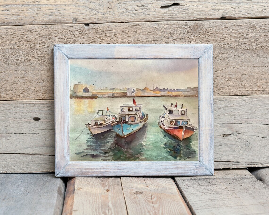 Istanbul Harbor Watercolor Three Boats on Calm Water Travel Poster - Image 2