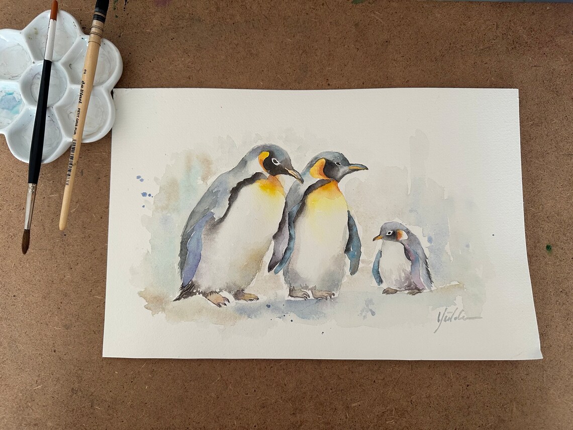 Penguin Family Original Watercolor Painting Nursery Wall Decor Cute Animal Art Baby Nursery Art Handmade Art Penguin Artwork 8x12in - Image 2
