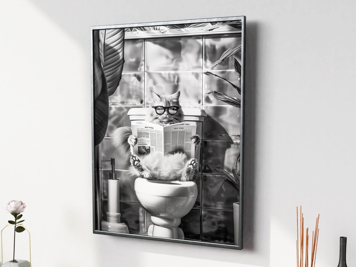 Black And White Cat Wearing Glasses Reading On Toilet Funny Bathroom Poster - Image 3