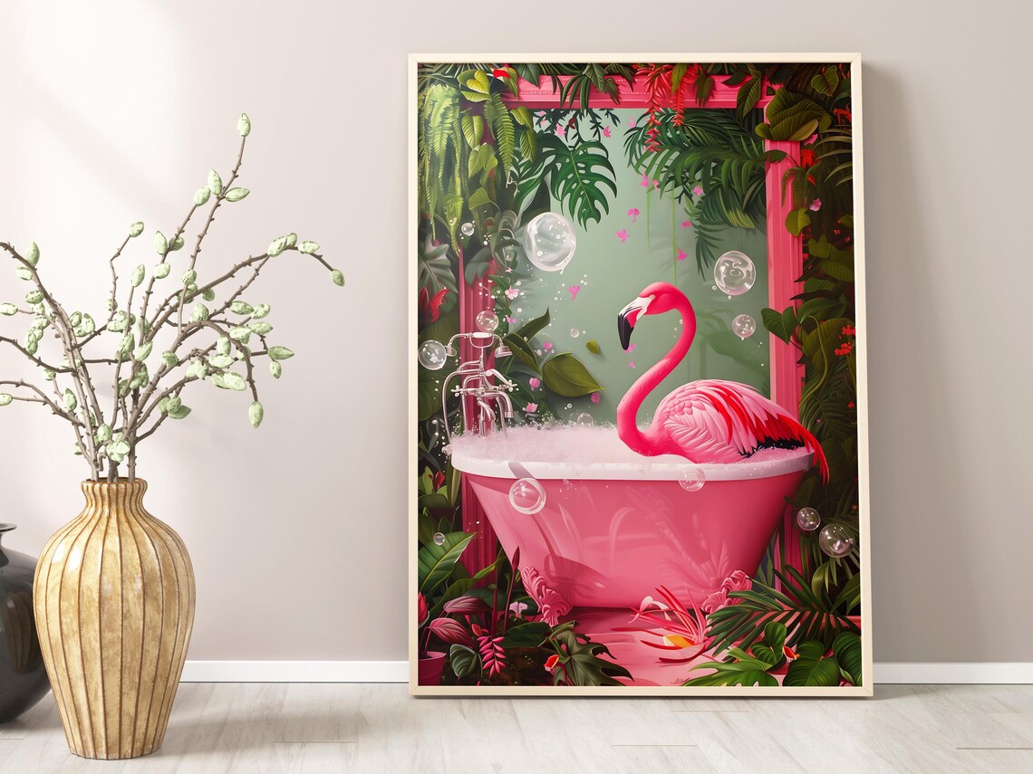 Flamingo In Bathtub Print, Funny Bathroom Art