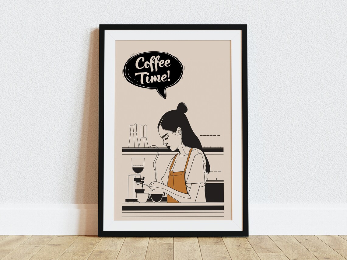 Coffee Time Female Barista Brewing Espresso Minimalist Line Art Poster - Image 5