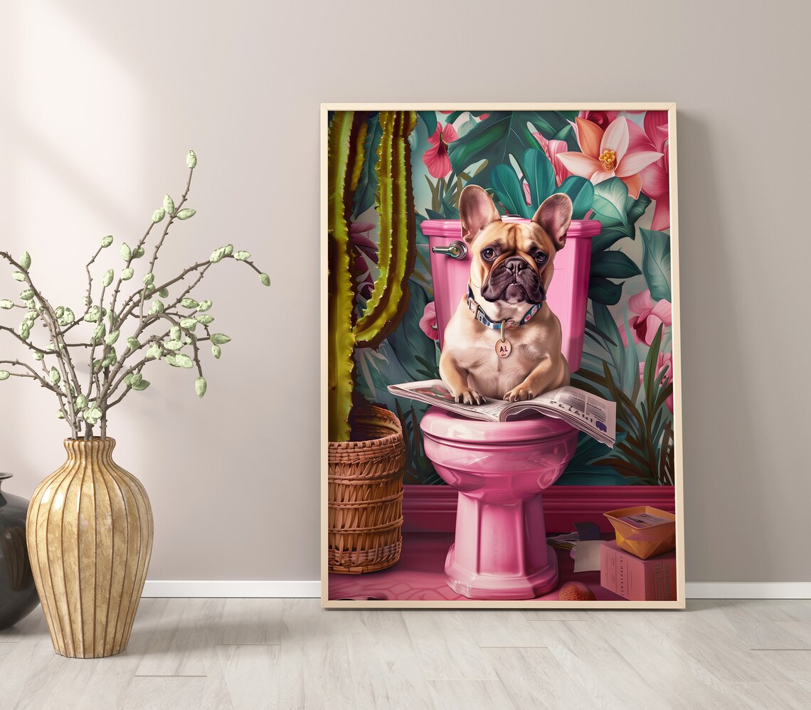 French Bulldog Puppy On Pink Toilet With Tropical Leaves Poster - Image 2