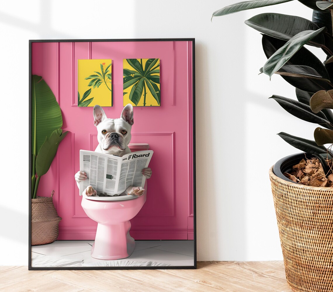 French Bulldog Reading on Toilet Funny Bathroom Art Print
