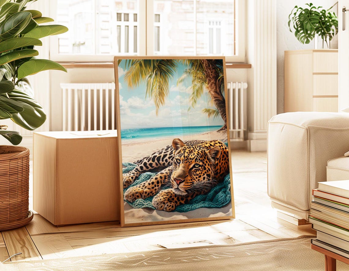 Leopard Lounging on a Tropical Beach With Palm Trees Art Poster - Image 3