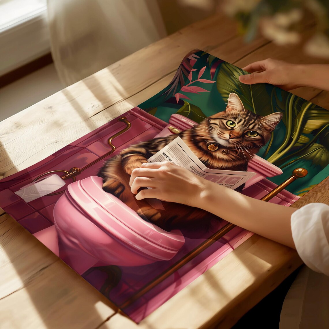 Fluffy Tabby Cat Reading Newspaper On Pink Toilet Funny Bathroom Wall Poster - Image 5