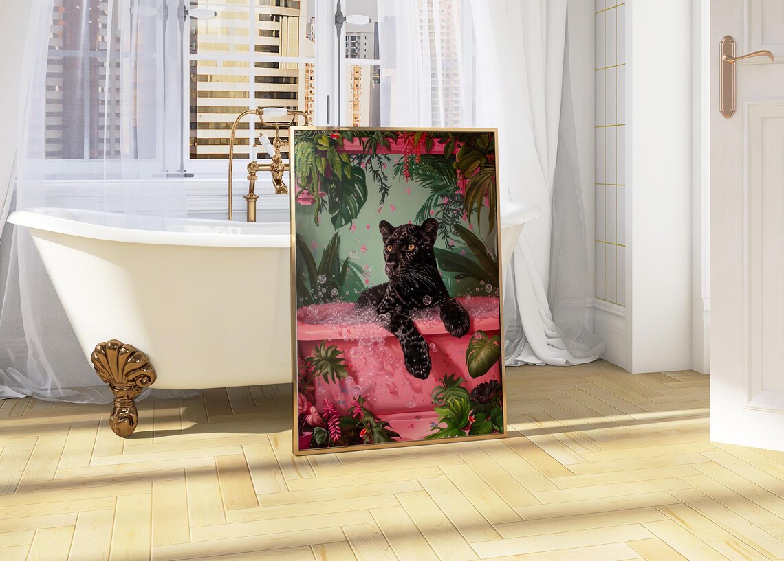 Black Leopard In Bathtub Art Print, Maximalist Decor - Image 5