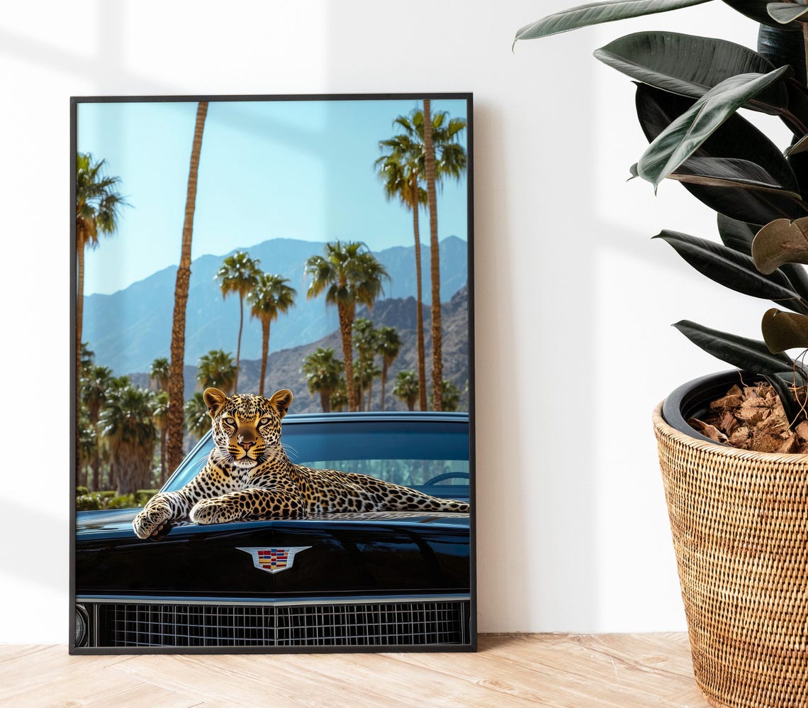Leopard On Black Cadillac Hood Against Mountain Palm Backdrop Poster - Image 4