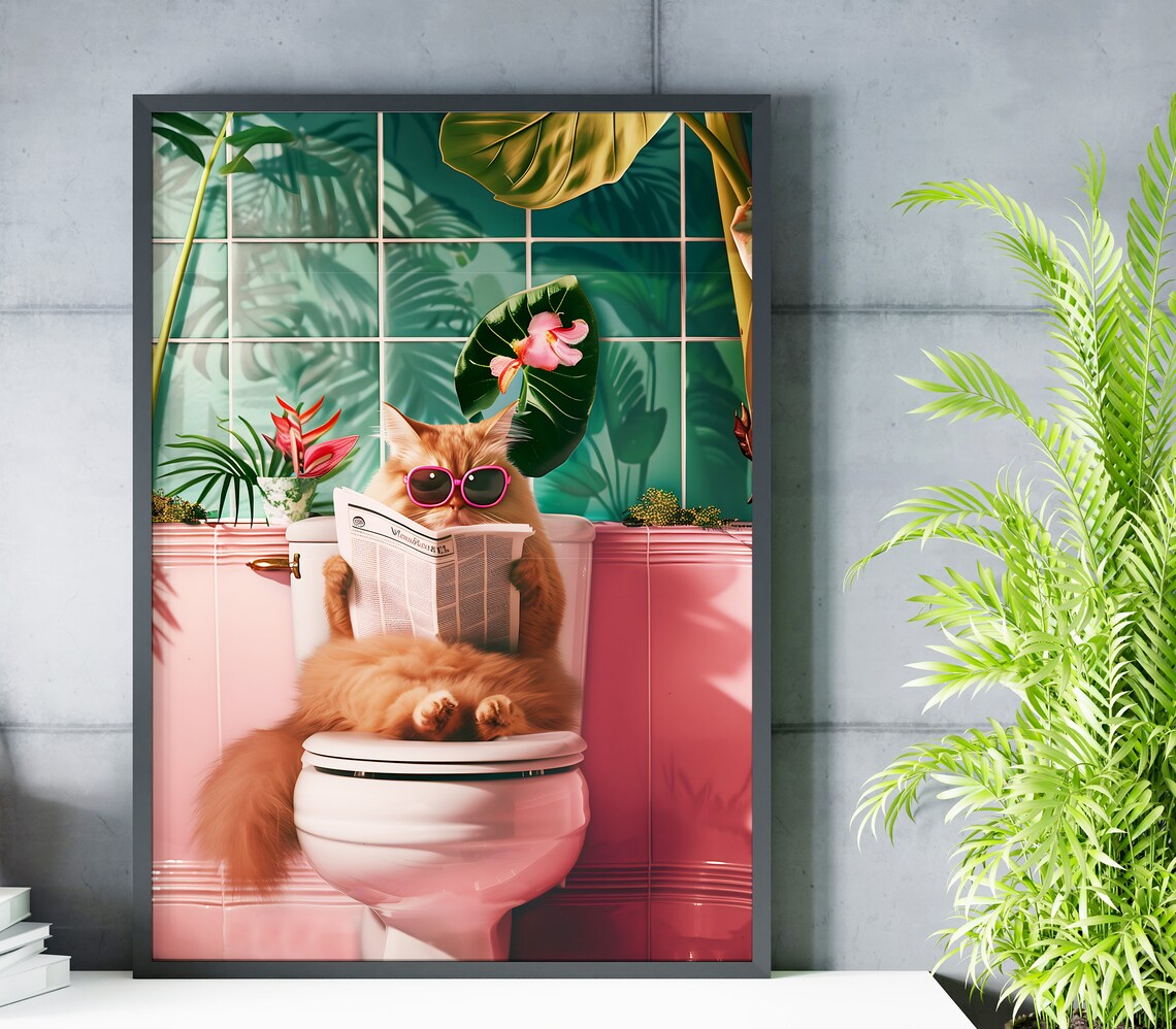 Yellow Bathroom Cat Print, Funny Bathroom Wall Art - Image 2