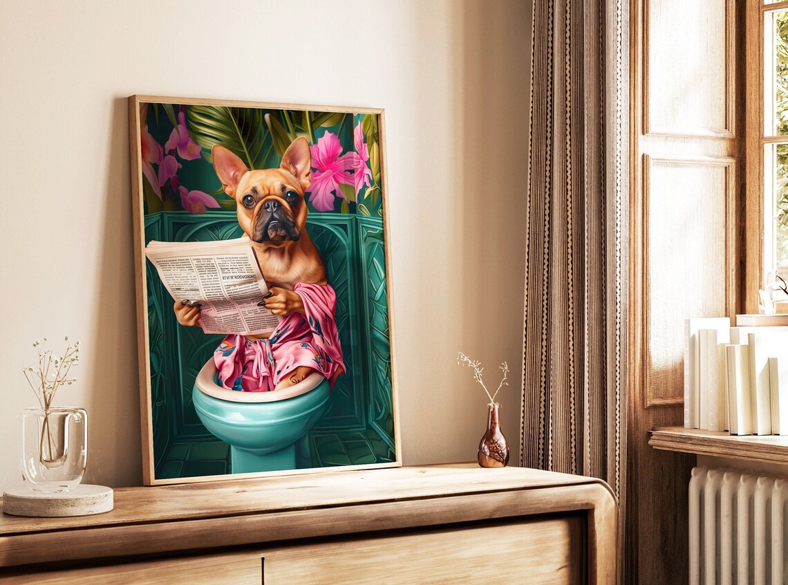 Fawn French Bulldog Reading on Toilet Art Print
