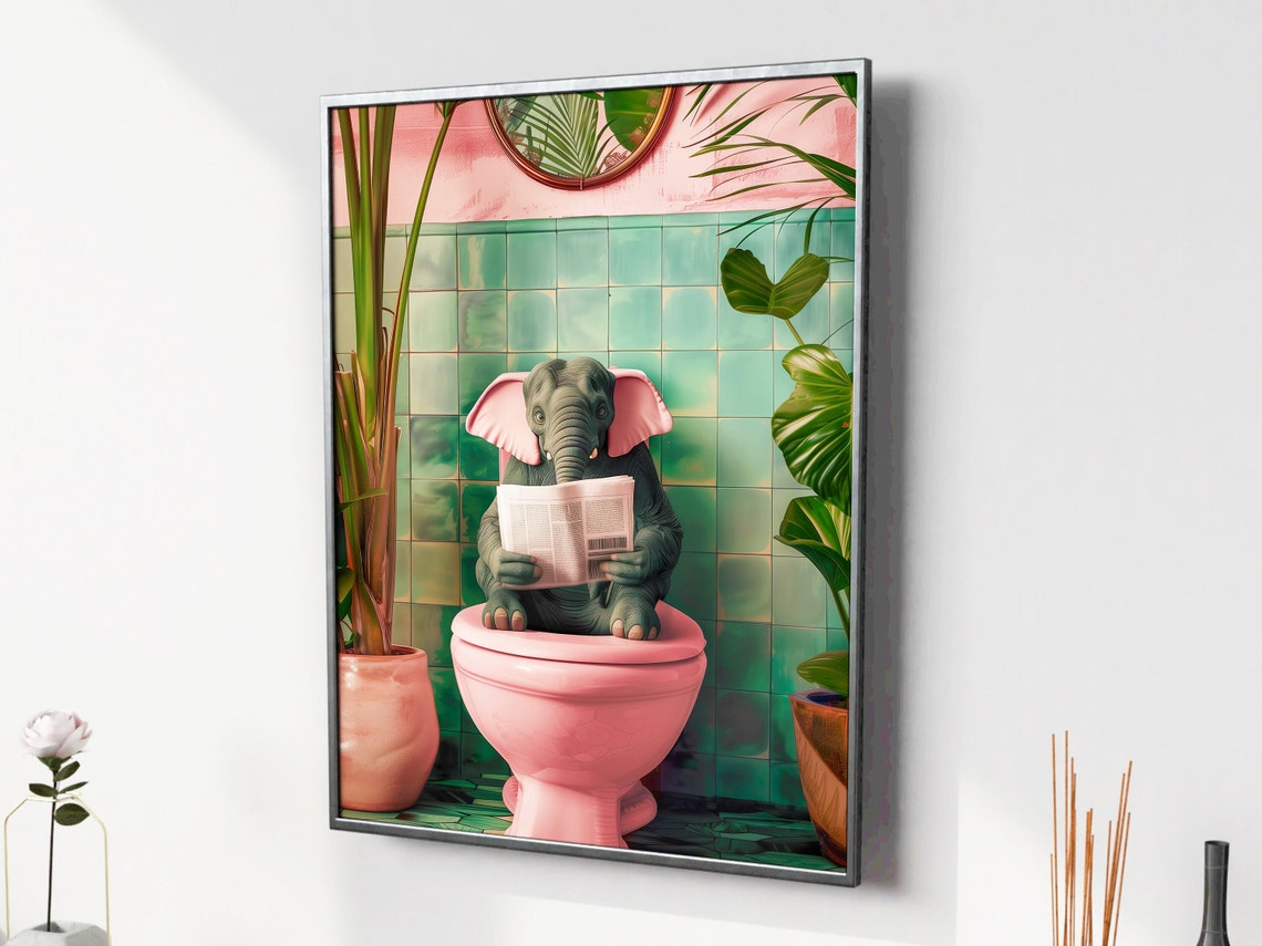 Baby Elephant Reading Newspaper Pink Toilet Funny Art Poster - Image 3