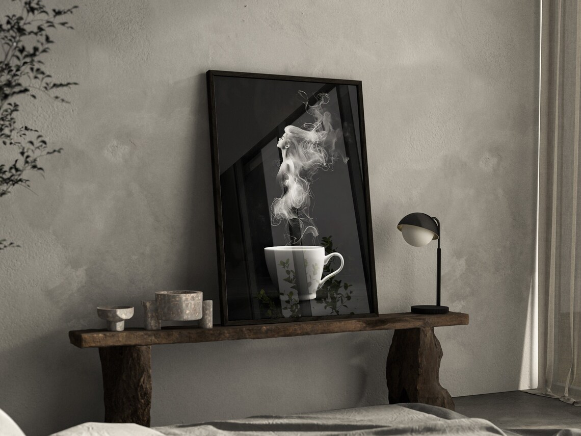 Black White Coffee Cup With Woman Steam Silhouette Art Poster - Image 3