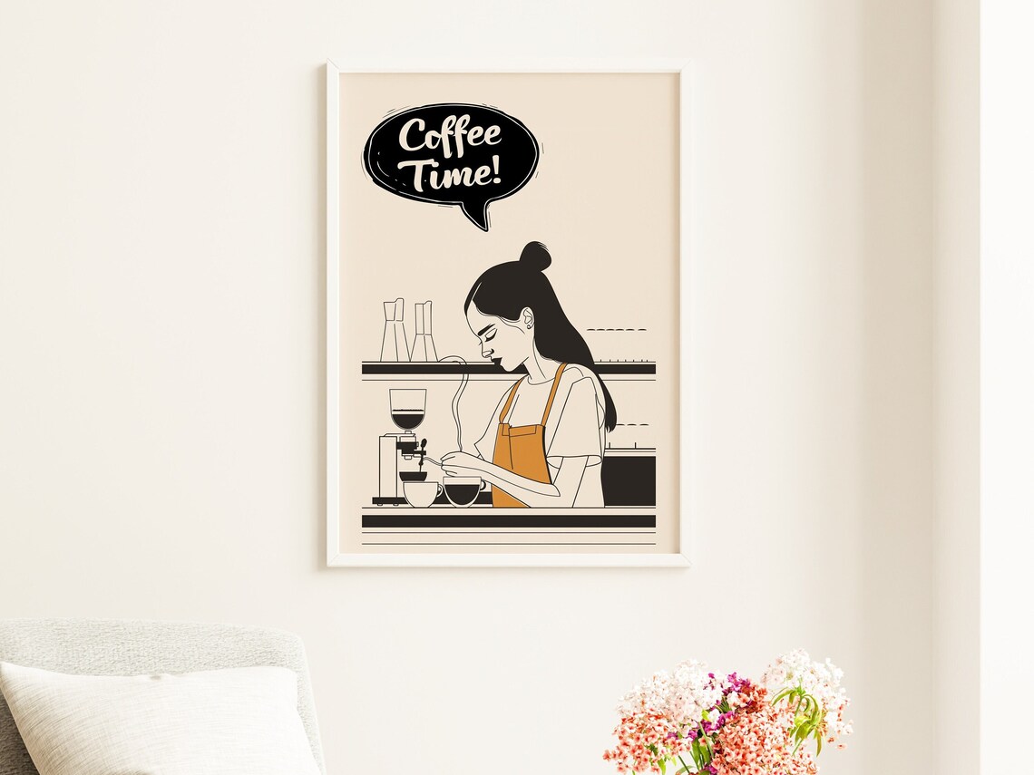 Coffee Time Female Barista Brewing Espresso Minimalist Line Art Poster - Image 2