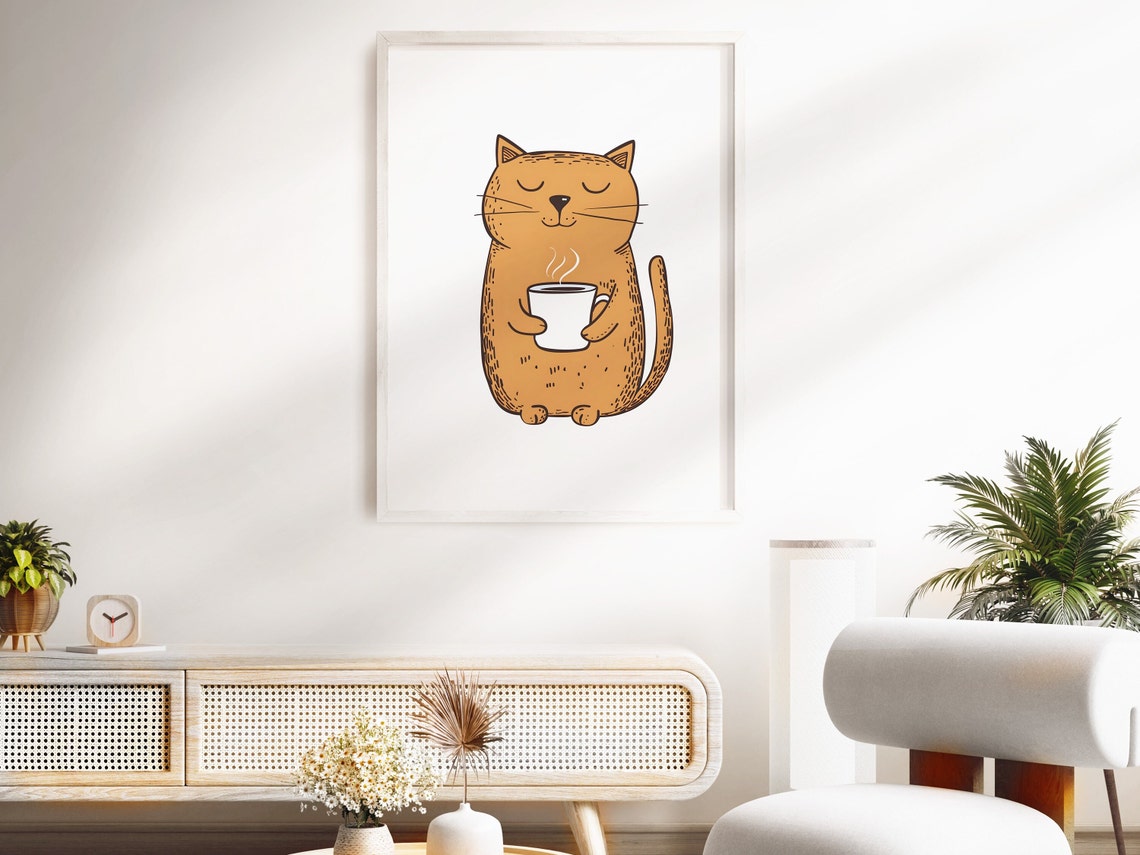 Sleepy Orange Cat Holding Steaming Coffee Cute Doodle Poster - Image 3