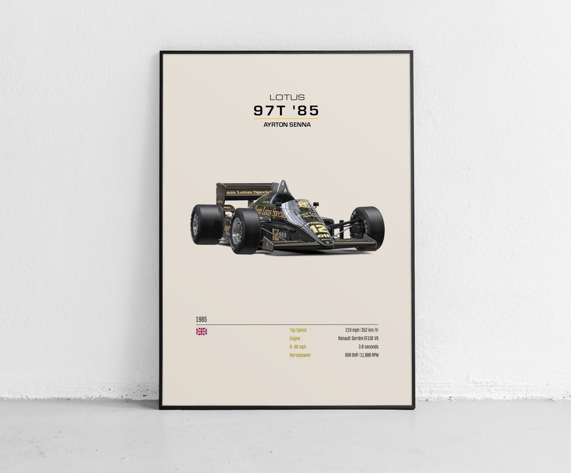 Ayrton Senna Lotus 97T 1985 Formula 1 Race Car Spec Sheet Poster