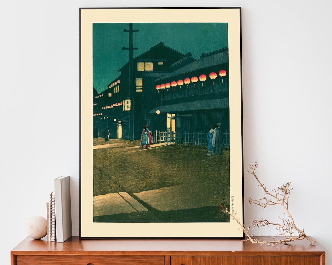 Japanese Night Street Red Lanterns Kimono Woodblock Style Poster