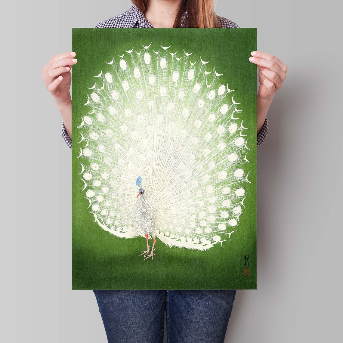 Ohara Koson White Peacock Displaying Full Fan Tail Green Poster - Image 4