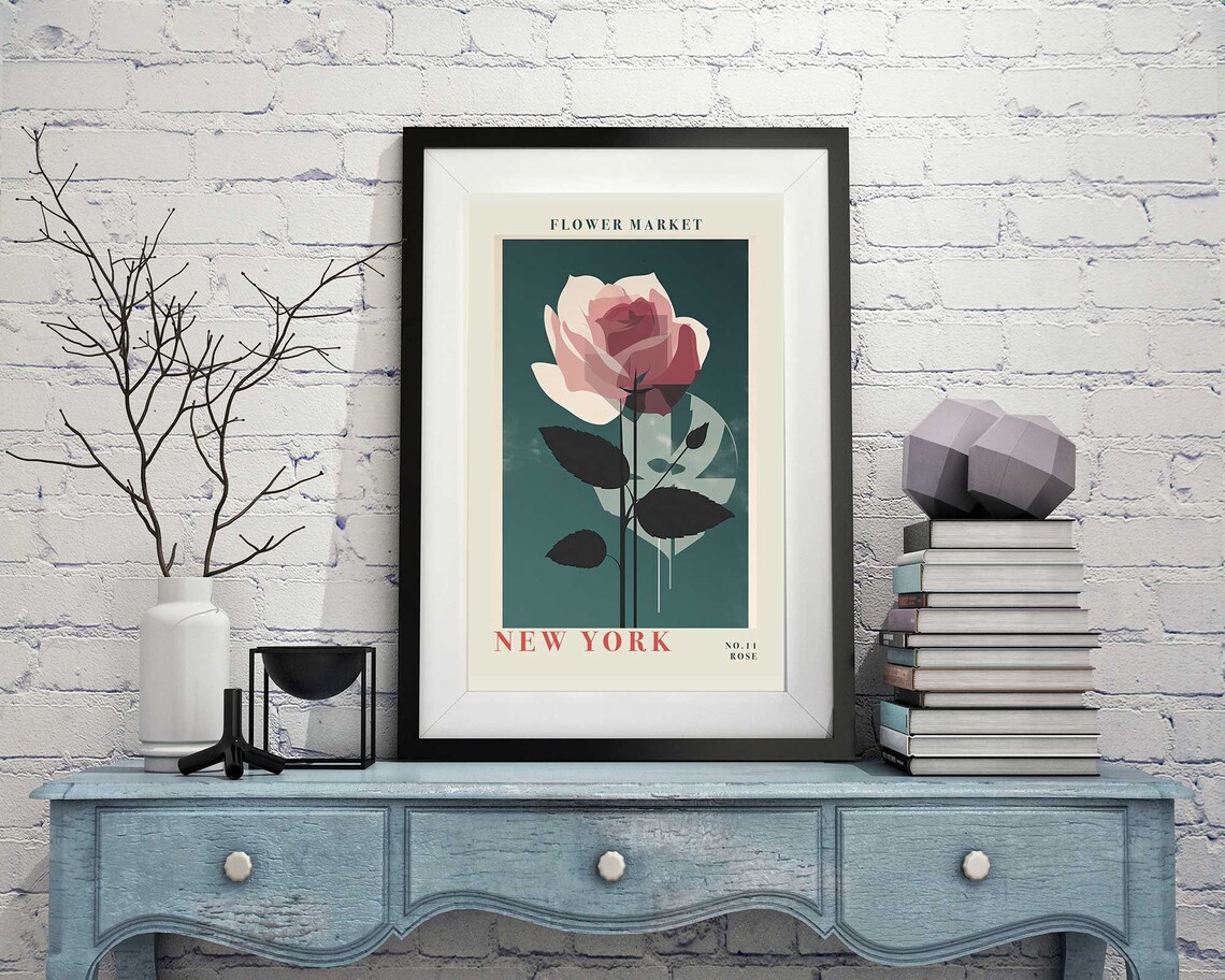 New York Rose Pink Blossom Teal Background Botanical Flower Poster