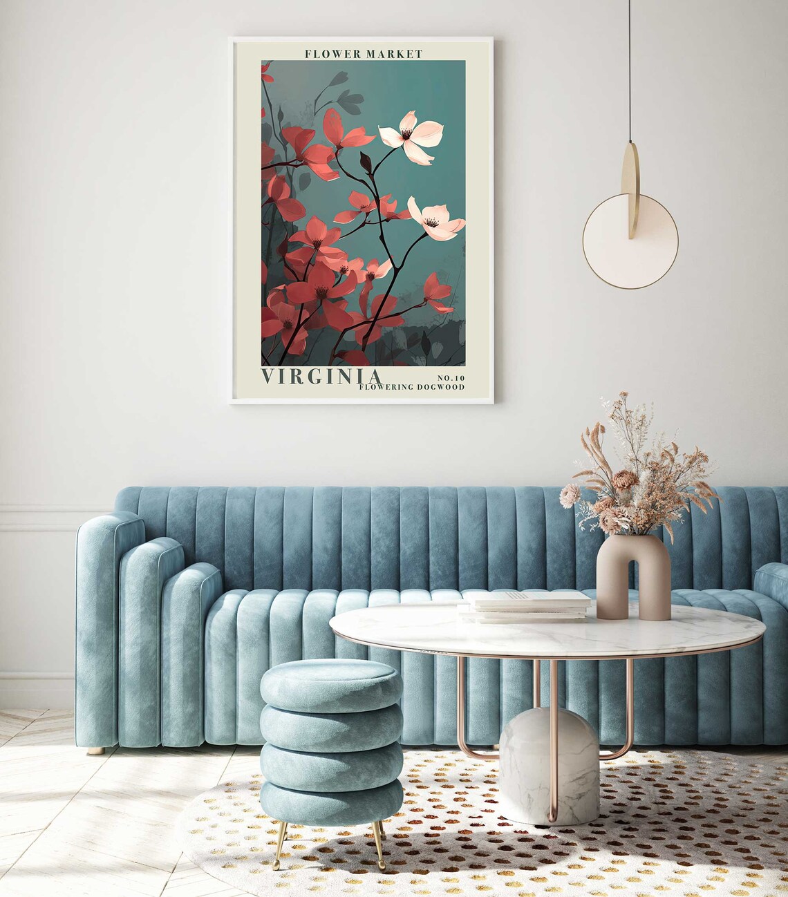 Virginia Flowering Dogwood Coral Blossoms Teal Botanical Poster - Image 2