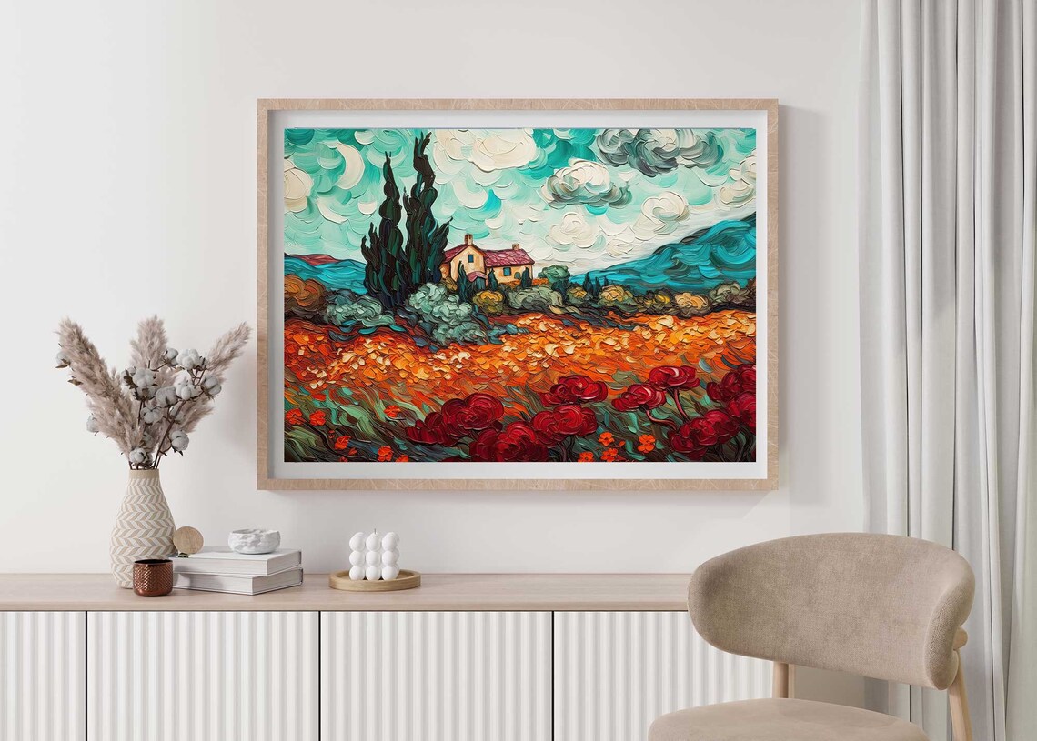 Van Gogh Style Farmhouse Among Cypress Trees Poppy Field Impasto Poster - Image 3