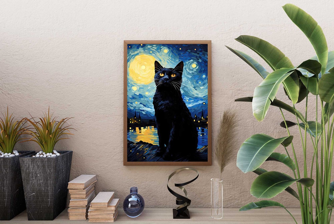 Black Cat Silhouette Under Giant Moon Starry Mosaic Night Poster - Image 5