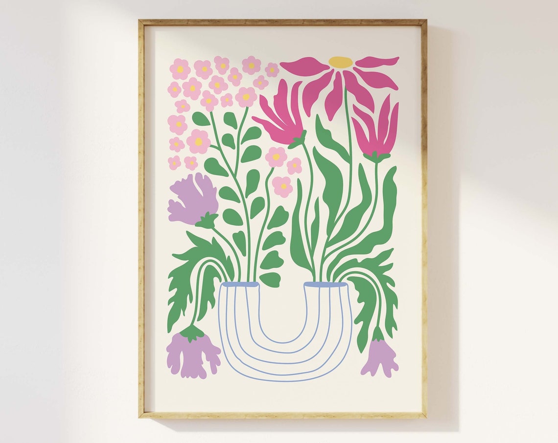 Pink Flowers Striped Vase Abstract Botanical Modern Floral Poster