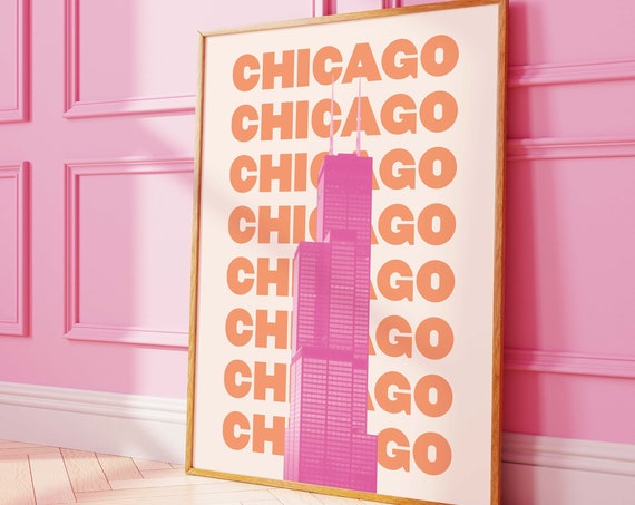 Chicago Travel Print Art Pink Orange Chicago Willis Tower Art Trendy Travel Exhibition Print Cute Retro Wall Art