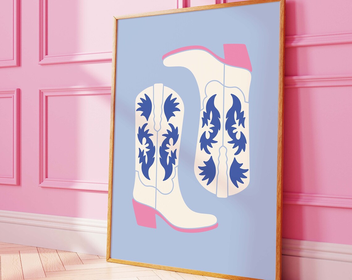 Blue Floral Cowgirl Boots Pink Sole Western Retro Cowgirl Poster
