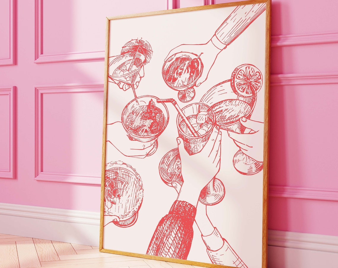 Cocktail Toast Red Line Art Cheers Bar Cart Sketch Art Poster
