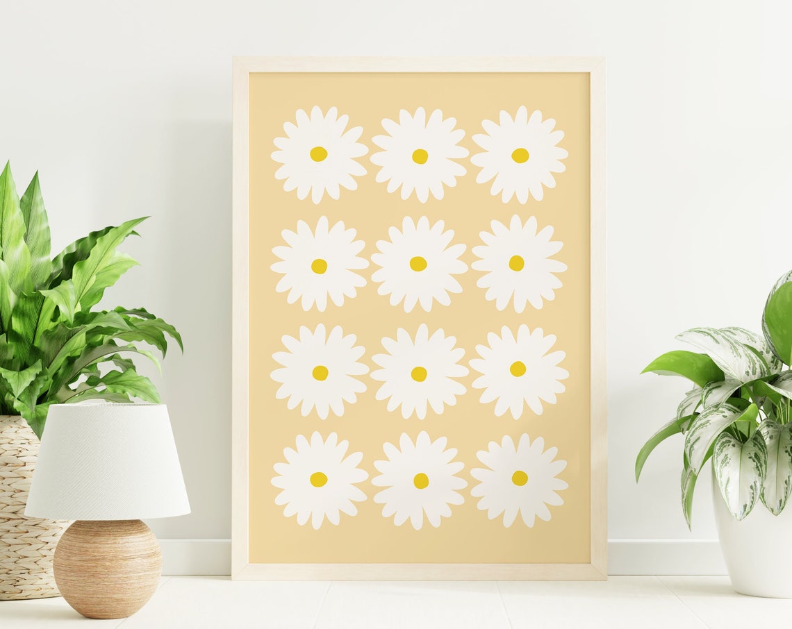 White Daisy Flower Grid Yellow Beige Botanical Minimal Poster