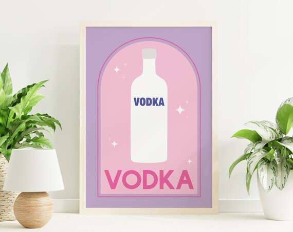 Vodka Bottle Retro Cocktail Bar Cart Pink Lavender Style Poster