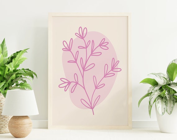 Pink Minimal Line Botanical Print Art Colorful Floral Art Cute Trendy Wall Art